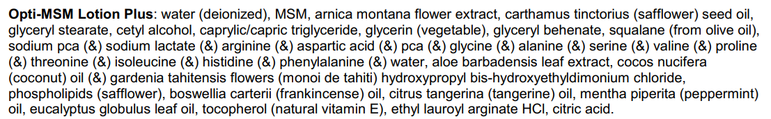 msm lotion label