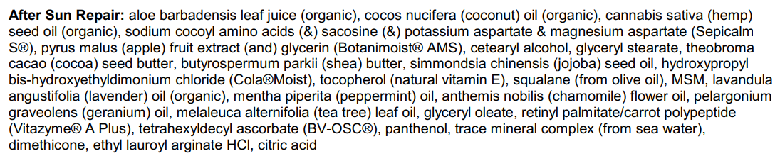 After Sun Repair Ingredients